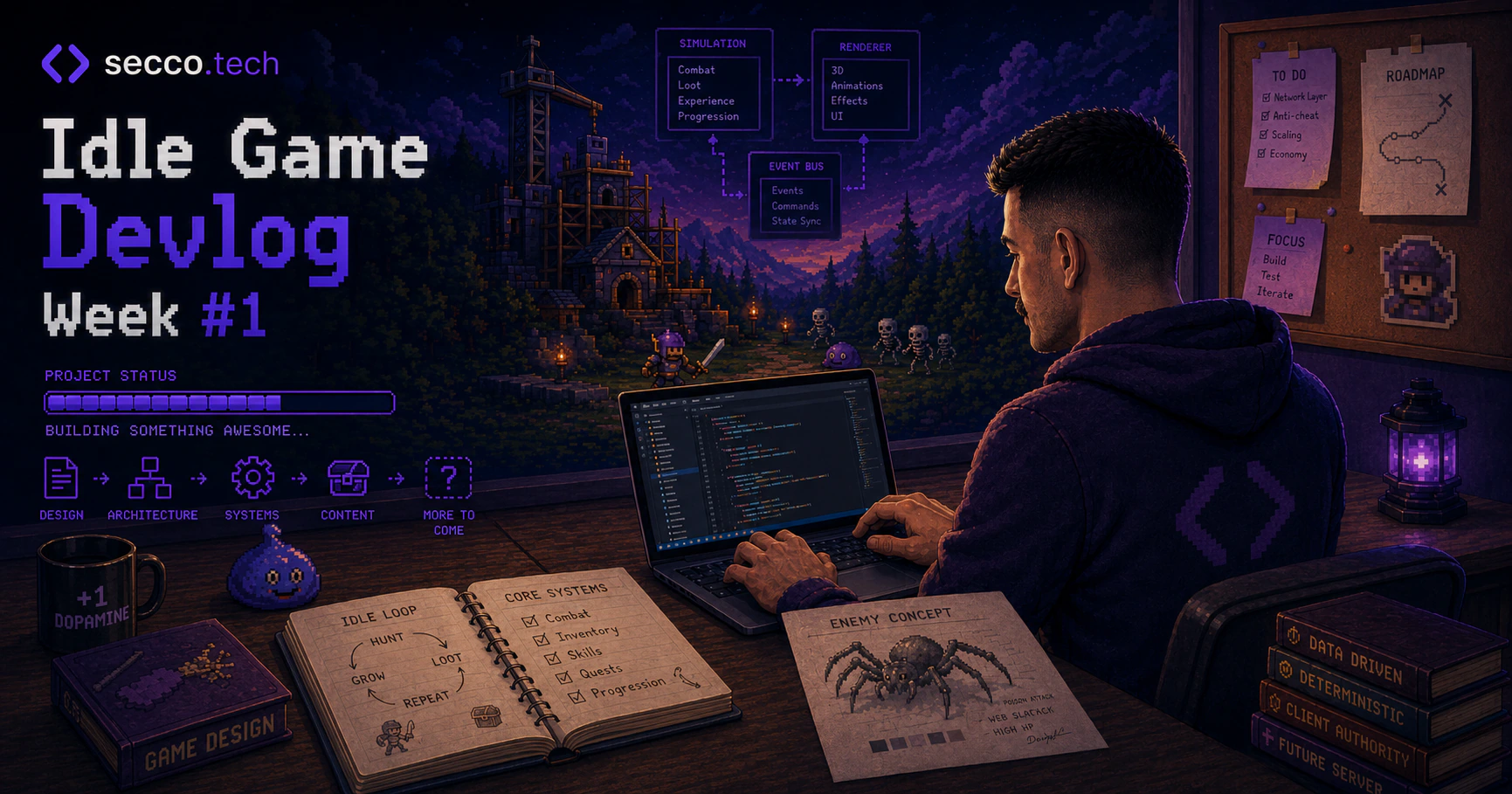 A game developer types at a laptop in a cozy pixel-art workspace, surrounded by idle RPG design notes and a giant spider enemy sketch, with a fantasy world under construction in the background.