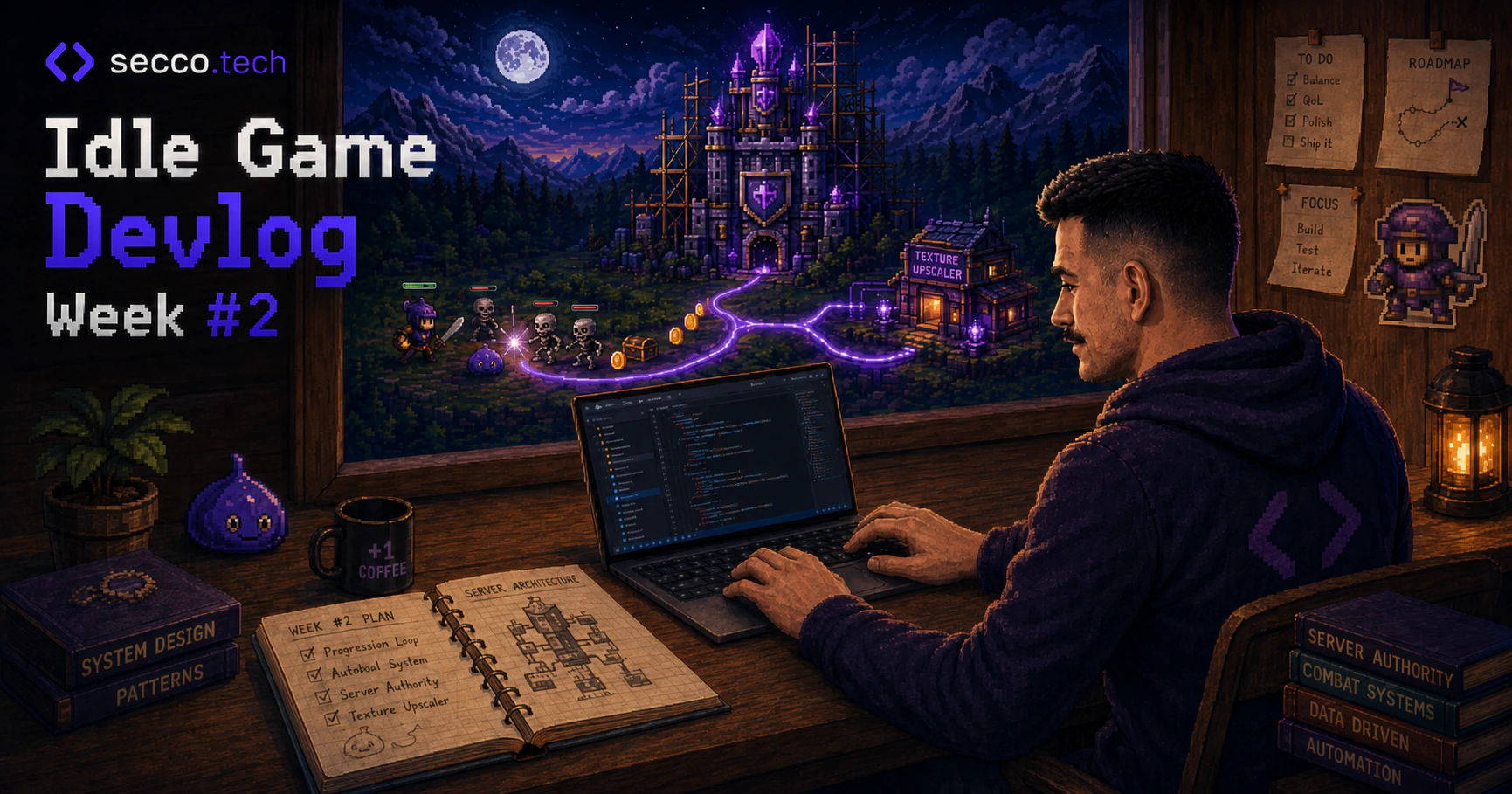 A pixel-art developer codes at a desk while a moonlit idle RPG world outside shows combat and loot flowing toward a server citadel, with a side path leading to a texture upscaler