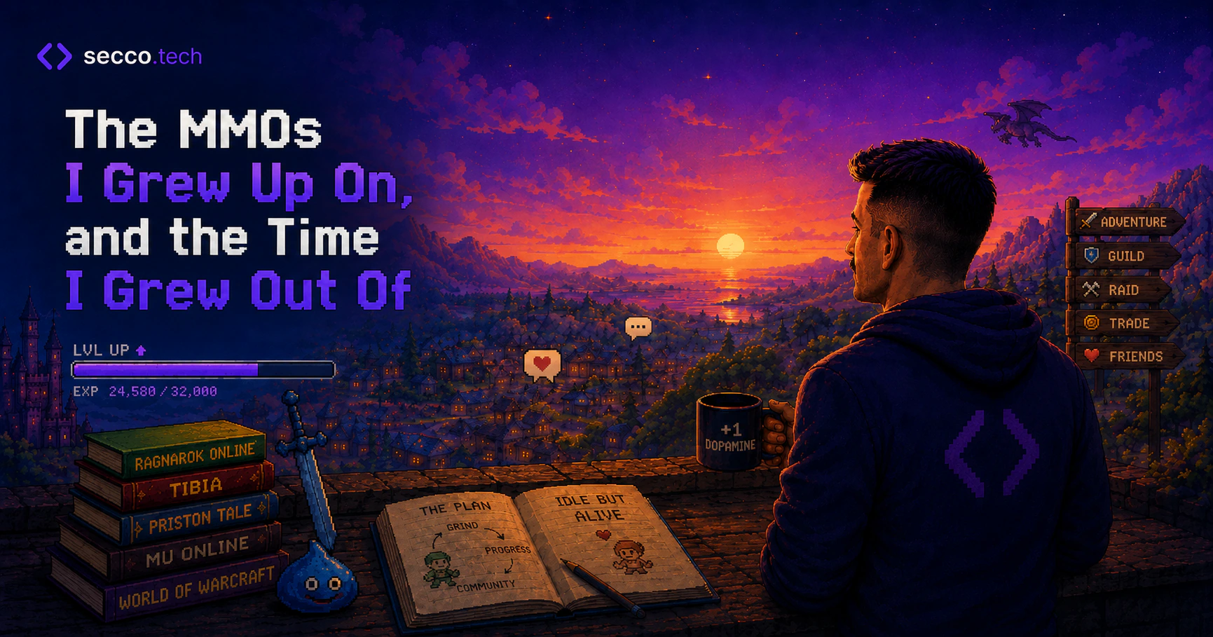 A grown gamer overlooks a nostalgic pixel-art fantasy MMO world at sunset, surrounded by an experience bar, quest signs, and old gaming memories.